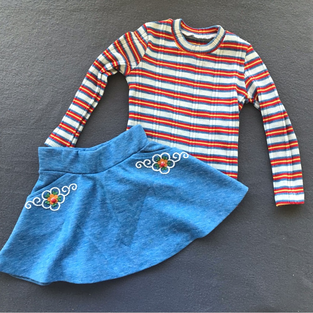 Vintage 70s Girls Circle Skirt and Stripped Knit Top Size 5
